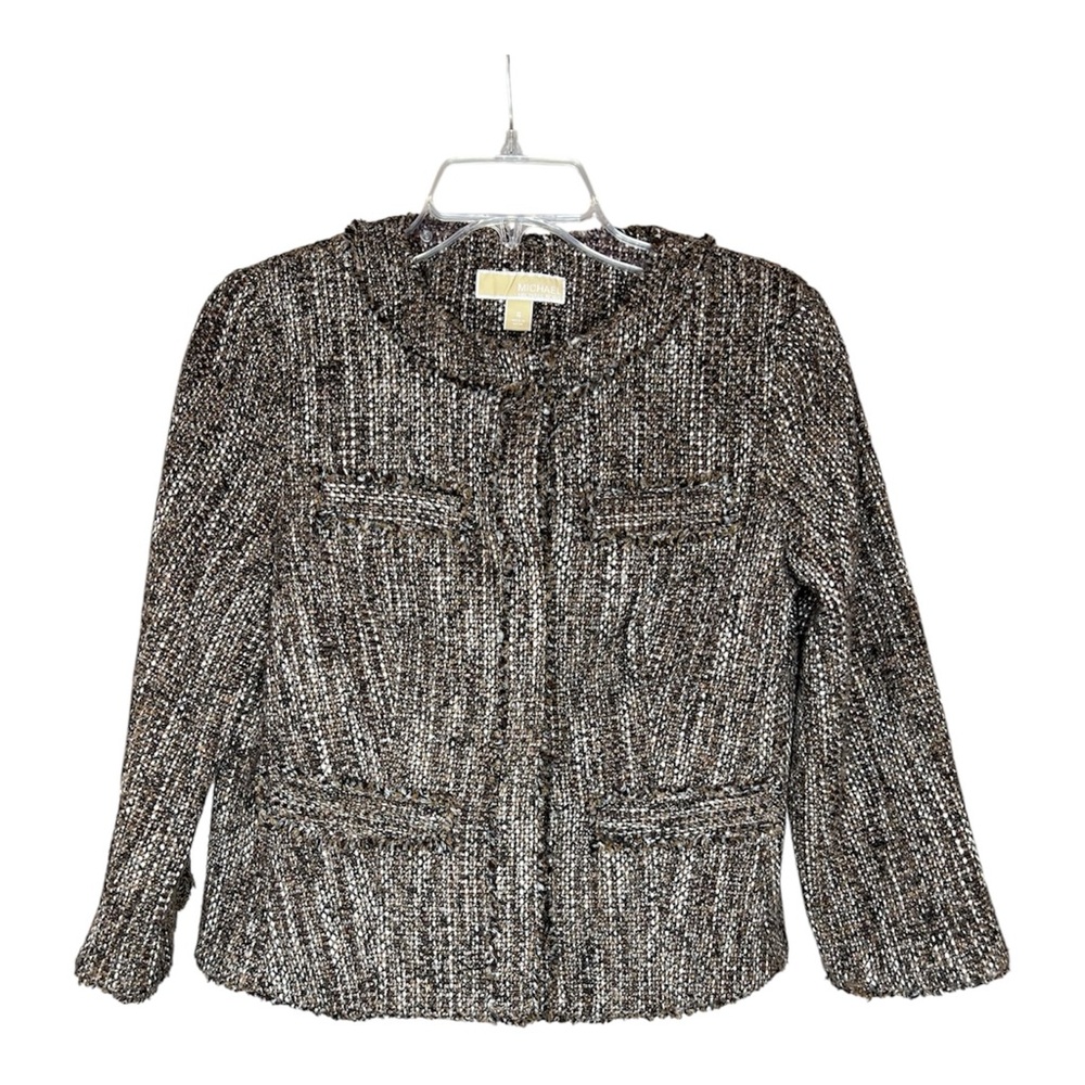 Michael Kors Women's Tweed Blazer - Brown/Black/Cream Snap Front Closure SZ 4